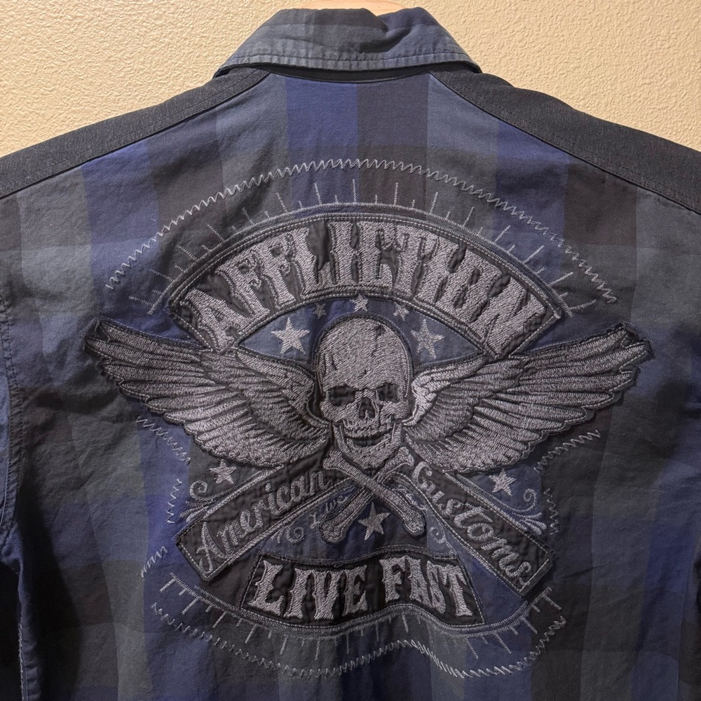 Men’s 2XL Affliction for Buckle Navy Blue Black Premium Embroidered Flannel - Picture 11 of 16